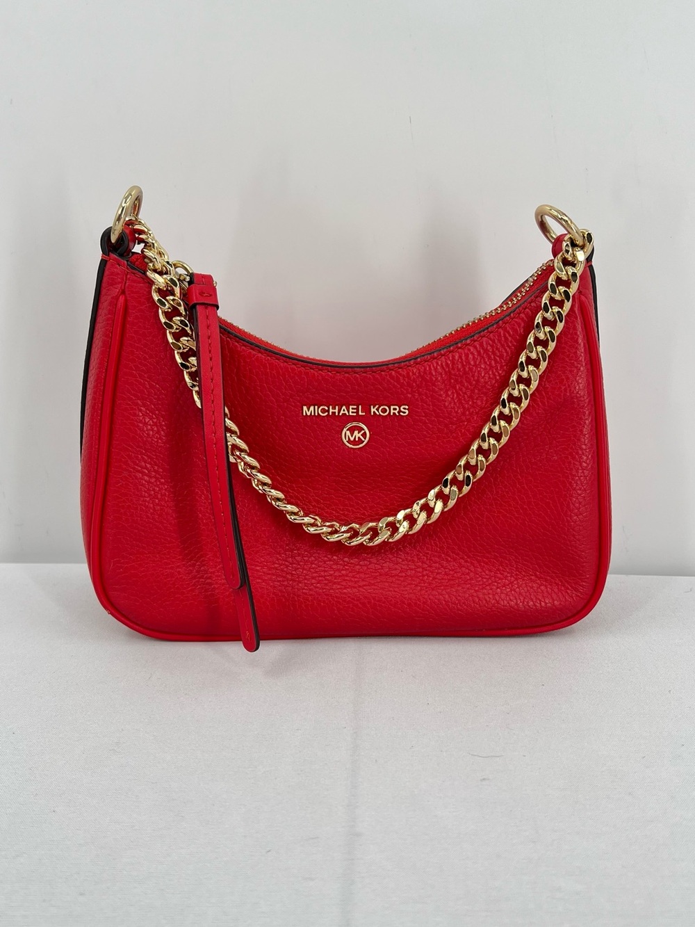 Michael Kors Jet Set Charm Small Pebbled Leather Pochette Red Chain Shoulder Bag